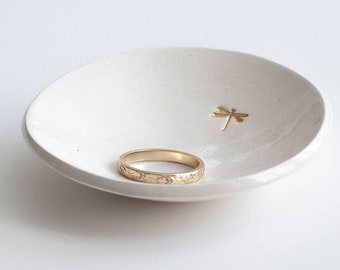 ceramic: Genuine 22k Gold DRAGONFLY Ring Dish, jewelry holder, made from rustic natural clay (small 3" dish) made in usa