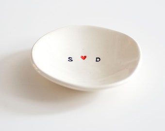 custom: ENGAGEMENT ceramic Ring Dish, LOVE, I DO, Monogrammed Anniversary Dish, Personalized Custom Tiny Dish