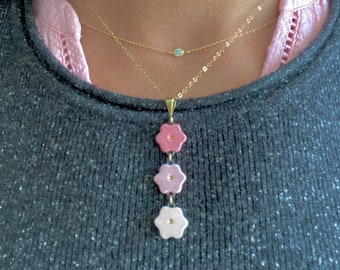 ceramic: PINK FLOWERS Necklace, Pink Ombre Jewelry, Cherry Blossom Necklace, optional Pendant-only or Gold-filled Chain, made in usa