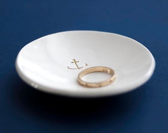 ceramic: NAUTILUS genuine 22k Gold Anchor Ring Dish, Nautilus Bride, Boat Wedding, made from rustic natural clay (small 3" dish) made in usa