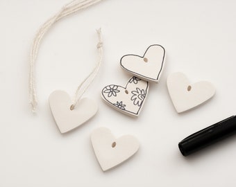 DIY: Simple Ceramic HEARTS - Set of 5 - (Smooth) RAW for paint, markers, glitter, pencil (very small 1.5")