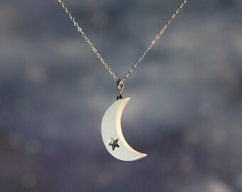 ceramic: Crescent MOON necklace, Genuine 22K Gold Star (pendant only or with flat-cable chain) made in usa