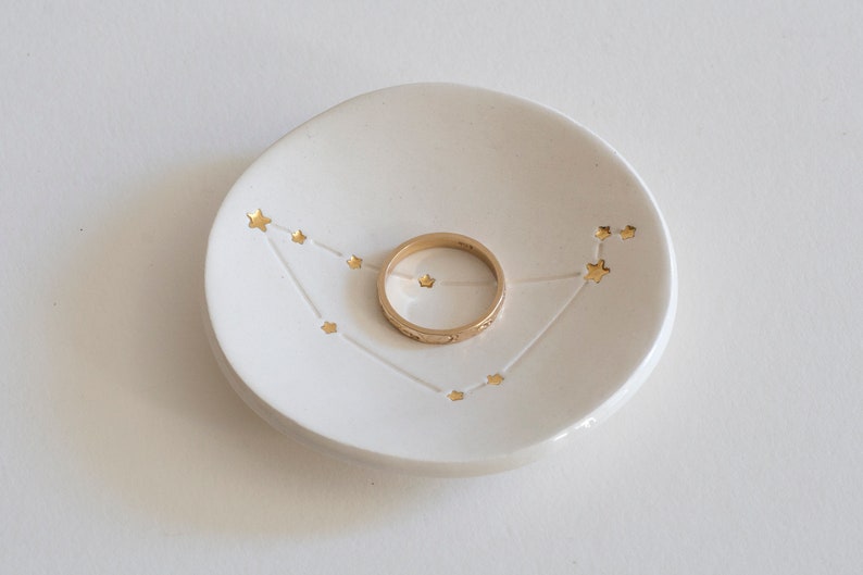 Genuine 22K GOLD Stars CONSTELLATION Ceramic Ring Dish, Astrology, Horoscope, made with rustic natural clay small 3 dish made in usa image 4