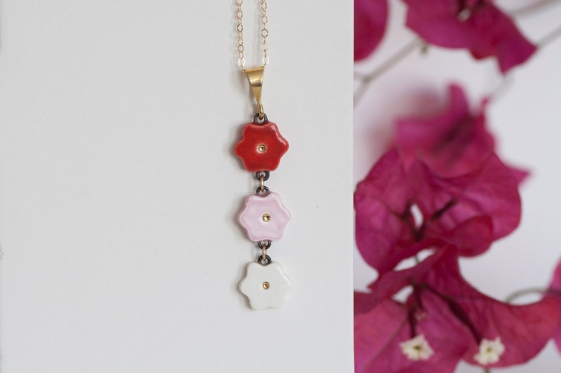 ceramic: RED FLOWER Necklace, Red Ombre Jewelry, Flower Drop Necklace optional Pendant-only or Gold-filled Chain made in usa Bild 1