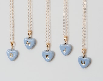 ceramic: BLUE HEART Initial Necklace, Genuine 22K Gold Monogrammed Heart Charm (optional Pendant-only or Gold-filled Chain) made in usa