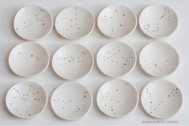 Genuine 22K GOLD Stars CONSTELLATION Ceramic Ring Dish, Astrology, Horoscope, made with rustic natural clay small 3 dish made in usa image 2