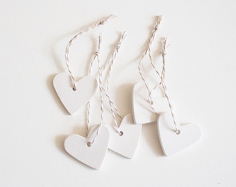 ceramic: Hearts RAW CLAY Simple Ceramic Ornaments  - Set of 5  (Slightly textured) Small White Hearts, Letterpress Packaging & String