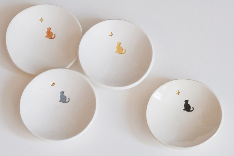 ceramic: ORANGE TABBY Cat Dish with genuine 22k Gold Star Mini 3 Ceramic Ring Dish for Cat Lovers, made in usa image 6