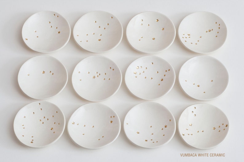 Genuine 22K GOLD Stars CONSTELLATION Ceramic Ring Dish, Astrology, Horoscope, made with rustic natural clay small 3 dish made in usa image 1