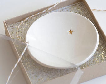 ceramic: Genuine 22k GOLD STAR Ring Dish, for teacher, graduate, student, my hero, made from rustic natural clay (small 3" dish) usa made