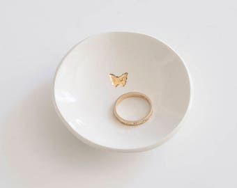Genuine 22k Gold BUTTERFLY Ceramic Ring Dish, simple jewelry holder, made with a rustic natural clay (small 3' dish)
