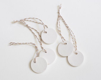 ceramic: Circles RAW CLAY Simple Ceramic Ornaments - Set of 5 - (Slightly textured) Small White Circles, Letterpress Packaging & String