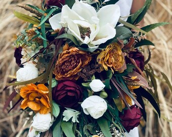 Cascading bouquet rust orange burgundy Ivory wedding bouquet, Faux silk boho fall terracotta flowers