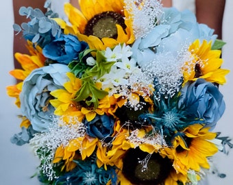 Sunflower white blue Cascading bouquet | Bridal Bouquet | Faux wedding bouquet | sunflower wedding | Boho silk flowers babies breath thistle