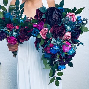 Moody Jewel tone cascading teal blue bouquet fuchsia purple wedding flowers, Bridal bouquet arrangement burgundy magenta plum