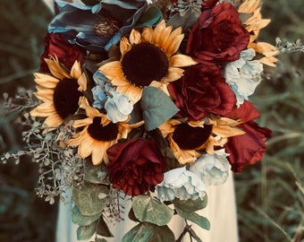 Sunflower burgundy blue Cascading bouquet | Bridal Bouquet | Faux wedding bouquet | sunflower wedding | Boho wedding | Silk flowers