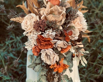 Cascading bouquet cream beige bridal Bouquet, Faux wedding bouquet, Fall wedding, Boho wedding, Silk flowers burnt orange