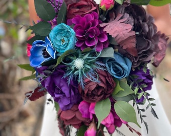 Jewel-tone wedding cascading bouquet purple magenta teal burgundy flowers Bridal bouquet emerald green wedding