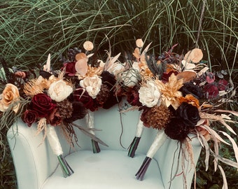 Bridesmaid Bouquet set | Wedding bouquet burgundy terracotta rust black | Faux bouquet | Halloween wedding | Boho wedding | Silk flowers