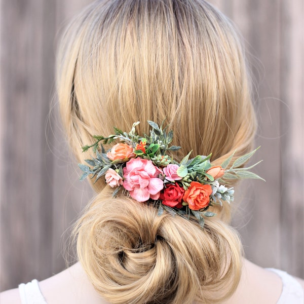 Coral orange peach wedding flower hair comb, Jewel tone wedding spring
