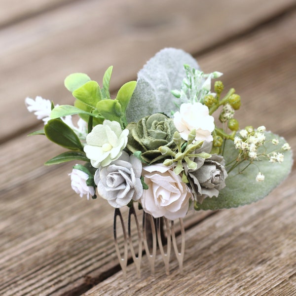Natural greenery succulent sage grey white hair comb