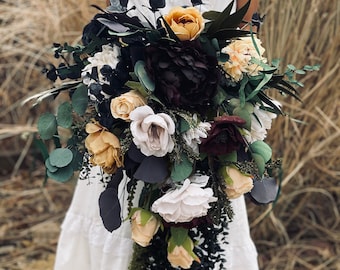 Taupe black cream plum cascading bouquet