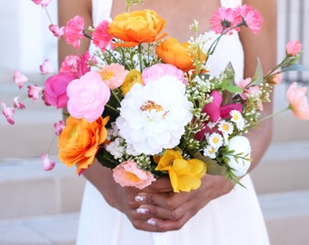Hot pink fuchsia orange spring wildflower bouquet artificial faux silk flower bouquet daisy wedding white poppy