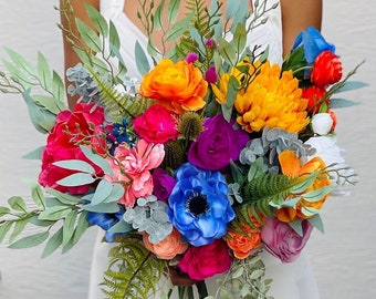 Purple yellow blue fuchsia Jewel tone wedding bouquet flowers, Colorful spring summer bouquet arrangement magenta pink orange