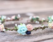 Navy Flower Crown, Mint Flower Crown, Peach Floral Crown, Rose Mint Wedding Head Wreath, Flower Hair Accessories, Fall Flower Girl Crown