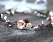 Flower Crown Burgundy Fall Flower Crown Headpiece Rustic Floral Hair Wreath Flower Crown Wedding Flower Headpiece Ivory cream wedding crown
