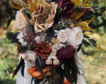 Cream beige orange burgundy cascade bouquet