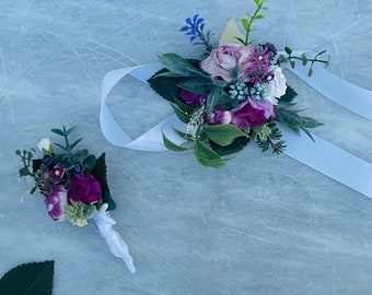 Purple magenta jewel tone flower wrist corsage wedding greenery prom set