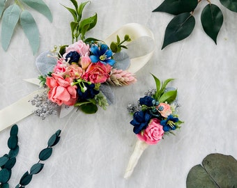 prom corsage boutonniere set coral pink blush silver navy blue