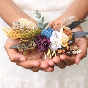 Autumn bridal hair comb floral purple teal rust greenery hair piece boho