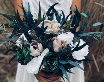 White emerald green wedding bouquet, Dark green preserved eucalyptus bouquet, Ivory Silk faux bouquet