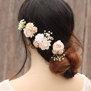 Wedding hair pins, Babies breath flower hair pins, Blush and white flower combs