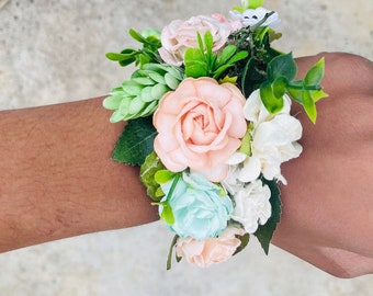 Peach white mint spring prom Corsage and boutionierre set wrist bracelet ribbon tie on
