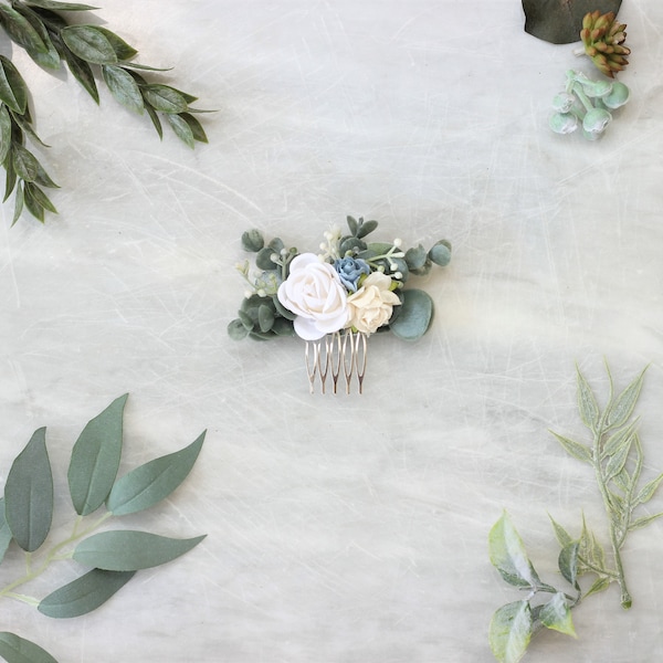 White Ivory blue small bridal hair comb