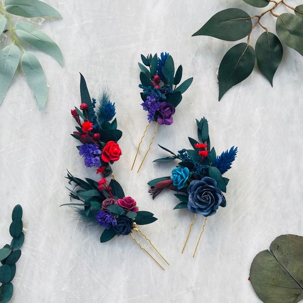 Colorful jewel tone flower hair pins, Teal blue purple red fuchsia floral hair pins moody