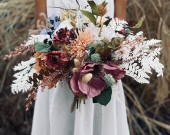 Cascading bouquet mauve white Peach wedding bouquet, Faux silk boho flowers, Bridal bouquet