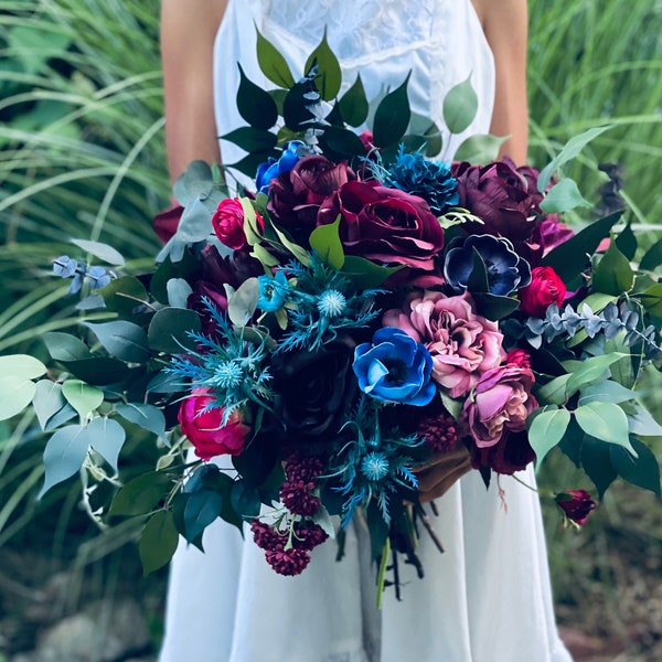 Teal blue navy fuchsia purple wedding flower Bouquet, Large bridal bouquet arrangement, Burgundy magenta plum anemone jewel tone wedding