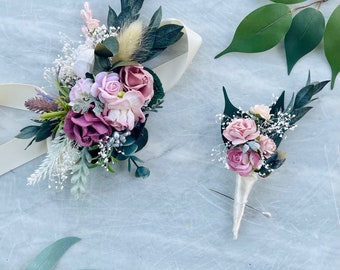 Prom corsage mauve white blush pink, Flower wrist corsage preserved boutionierre
