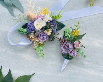 Purple lilac gold Prom Corsage and boutionierre set lavender wrist bracelet ribbon tie on