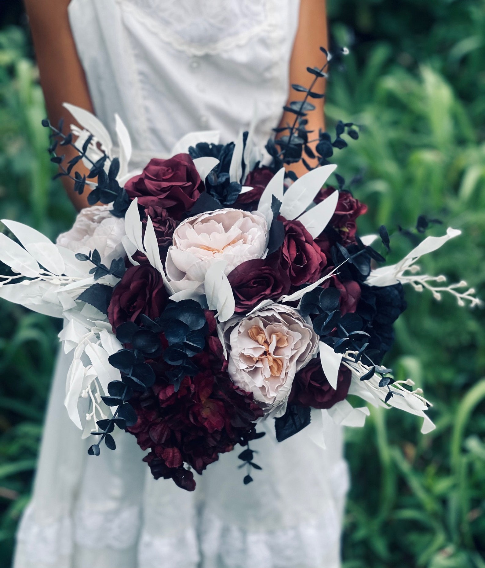 Deep burgundy black white flowers bouquet Fall faux bridal Etsy
