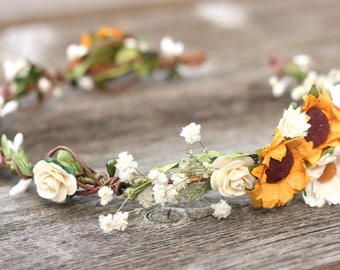 Wildflower flower crown wedding, Sunflower Preserved Babies Breath headpiece, Bridal headband