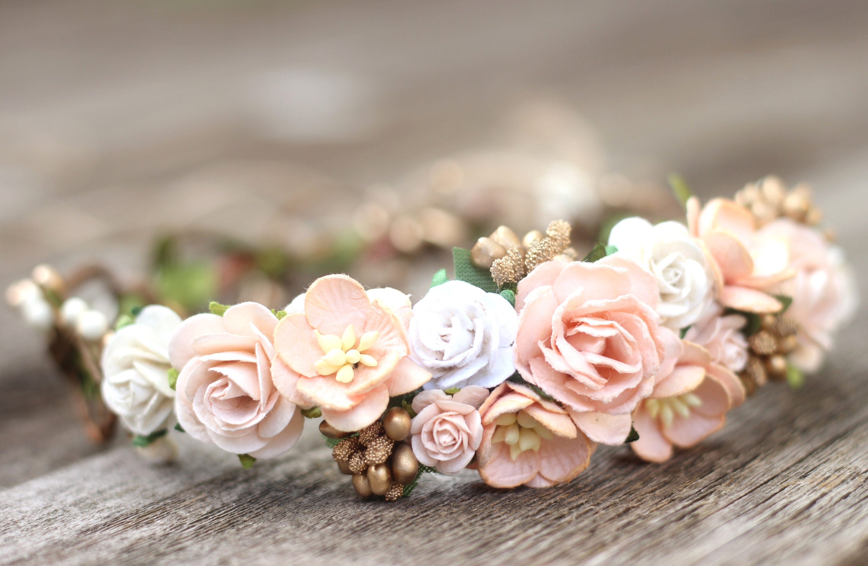 Champagne Rose Peach Ivory and Gold Flower Crown Bridal Etsy