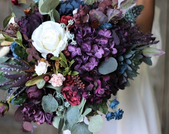 Jewel tone wedding flowers teal blue purple burgundy red bouquet