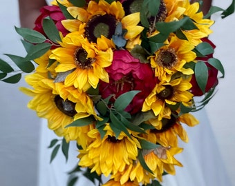 Sunflower red Cascading bouquet | Bridal Bouquet | Faux wedding bouquet | sunflower wedding | Boho silk flowers