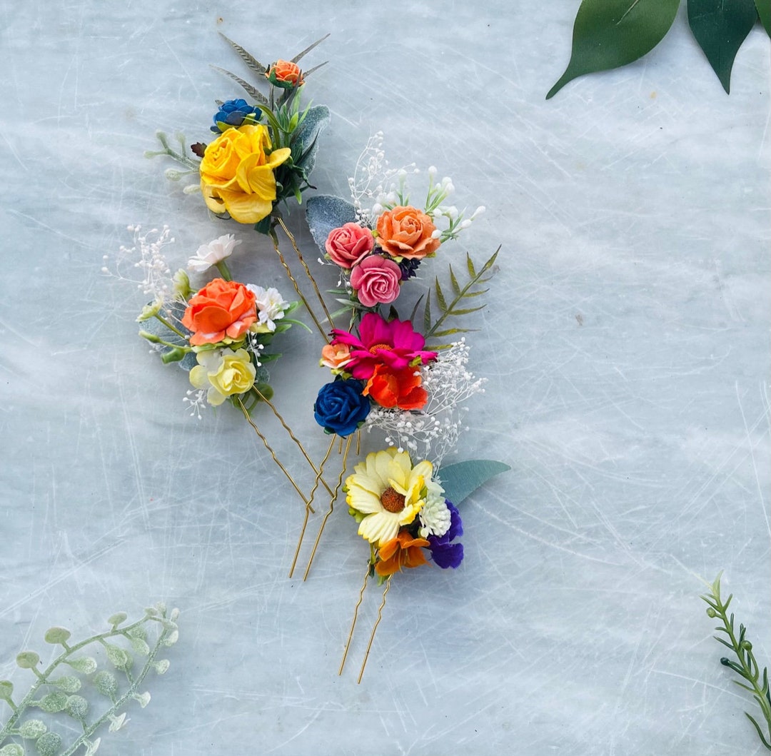 Wildflower Colorful Jewel Tone Flower Hair Pins, Yellow Orange Pink ...