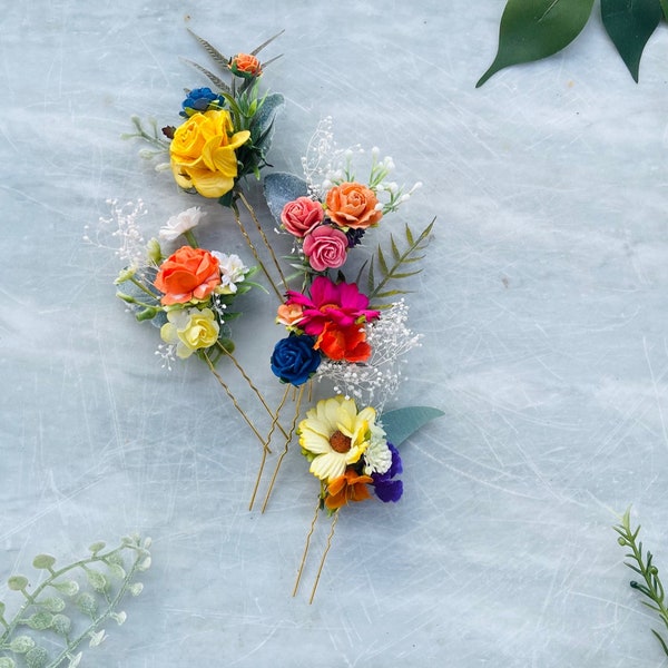 Wildflower colorful jewel tone flower hair pins, Yellow orange pink blue coral fuchsia floral hair pins